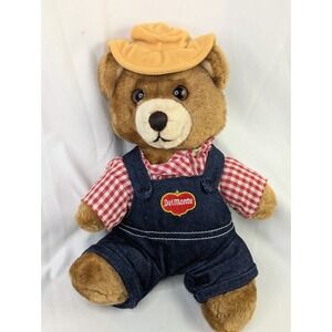 Del Monte Bear Plush Jean Overalls 11 Inch Stuffed Animal Toy